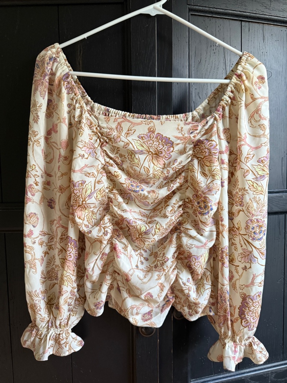 Rose & Olive Floral Ruched Puff-Sleeve Blouse in Cream and Pink